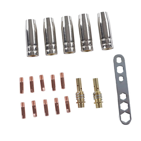 Copper Welding Torch Consumables Set With Protection Nozzle, Contact Tip, and Connecting Kit for MIG Welders, assorted parts displayed