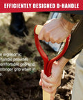 Close-up of red D-handle on Heavy Duty Spade Shovel With Wooden D Handle For Digging And Edging Square Flat Garden Shovel