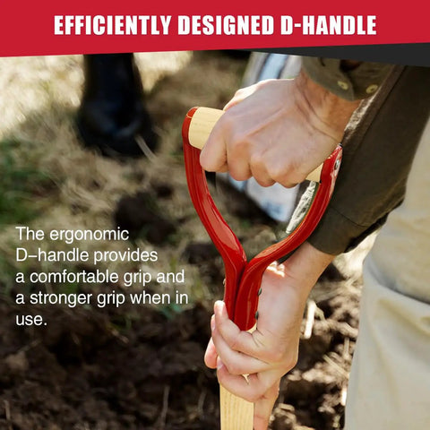 Close-up of red D-handle on Heavy Duty Spade Shovel With Wooden D Handle For Digging And Edging Square Flat Garden Shovel