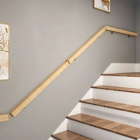 Quality Natural Wood Staircase Handrail Featuring Hella Secure Non Slip Grip Heavy Duty Wall Mount Railing Built For Indoor Outdoor Deck And Garden Quick Diy Install Kit on indoor stairs.