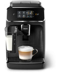 Fully Automatic Espresso Machine With LatteGo Milk Frother Delivers Barista Grade Cappuccino At The Push Of A Button Featuring Ceramic Grinder And AquaClean Filter Easy Peasy For A Total Game Changer In Black with milk frother and cappuccino cup.