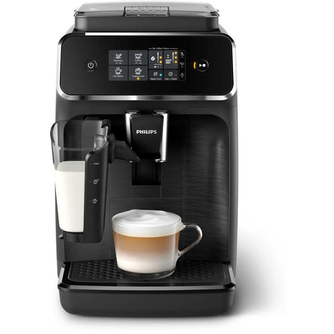 Fully Automatic Espresso Machine With LatteGo Milk Frother Delivers Barista Grade Cappuccino At The Push Of A Button Featuring Ceramic Grinder And AquaClean Filter Easy Peasy For A Total Game Changer In Black with milk frother and cappuccino cup.