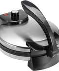 12 Inch Electric Tortilla Press And Roti Maker Adjustable Heat Control Double Sided Heating Indicator Lights Automatic Non Stick Griddle top view with black handle and thermostat.
