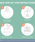 Diagram showing 4-step instructions for Organic Cat Grass Kit For Indoor Cats with Grow Bags, Seeds and Soil, Hairball Control.