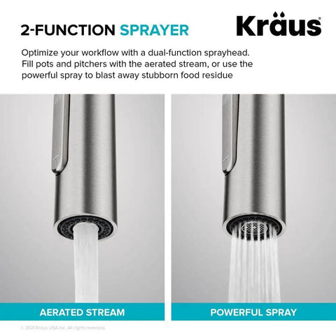 2-function sprayer of Contemporary Oletto Pull-Down Kitchen Faucet With Single Handle In Chrome Finish, showcasing aerated stream and powerful spray.