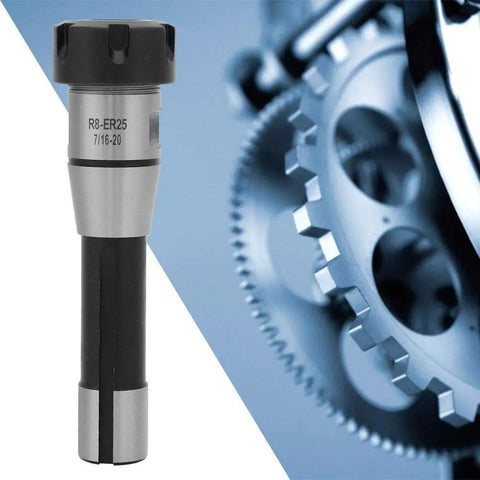 Pro-Grade ER25 Collet Chuck Set With R8 Adapter next to industrial gear, showcasing precision and heavy-duty clamping.