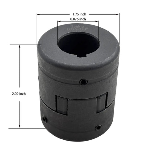 Beefy Heavy Duty 3 Piece L Jaw Flexible Coupling Set For Three Quarter Inch To Seven Eighths Inch Bores Cast Iron HT250 With Rubber Spider Two Set Screws Multi Flex L075 Three Quarter To Seven Eighths For Log Splitter And Wood Processing, black coupling with 0.875 inch bore