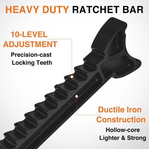 Heavy duty ratchet bar with 10-level adjustment and hollow-core ductile iron construction, part of the Beefy Two Ton Heavy Duty Steel Jack Stands Set For Cars Adjustable Height From 10.6 To 16.2 Inches Welded Frame For Solid Support Perfect For Compact Cars And Sedans 1 Pair.