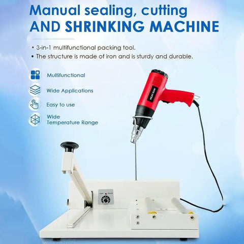 Heavy Duty 2 In 1 Shrink Wrap Machine And Heat Sealer 800W Adjustable Speed with red heat gun on sturdy iron base.