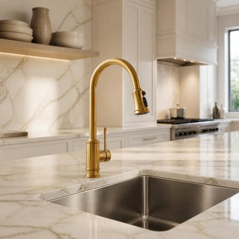 Gold Brushed Nickel Kitchen Faucet with Pull Down Sprayer, 3 Mode Sprayer installed over a stainless steel sink.