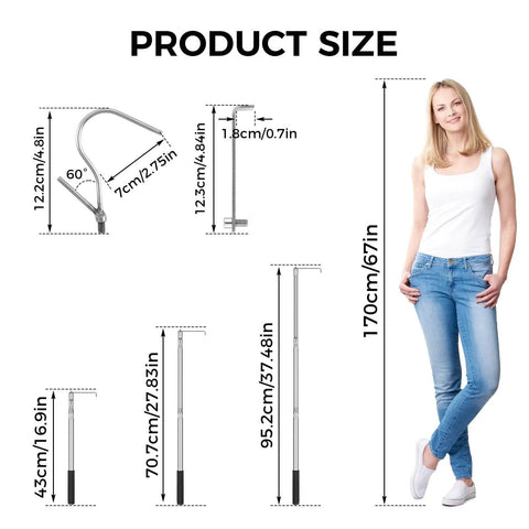Bed Buddy Truck Tool Adjustable 16 To 37 Inch Cargo Grabber size chart with sturdy steel hook and woman for scale comparison.