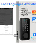 Slick Multi Language Smart Fingerprint Deadbolt Lock With Effortless Tuya App Pairing showing lock interface and language options.