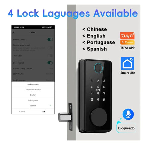 Slick Multi Language Smart Fingerprint Deadbolt Lock With Effortless Tuya App Pairing showing lock interface and language options.