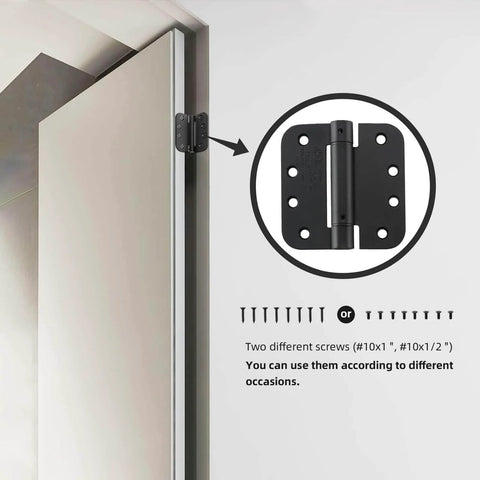 4 Inch Spring Loaded Self Closing Door Hinges With Adjustable Tension For Interior Doors, Matte Black Finish, UL Listed 5/8 Inch Radius, 2 Pack Includes Screws And Adjustment Rod For Easy Install installed view