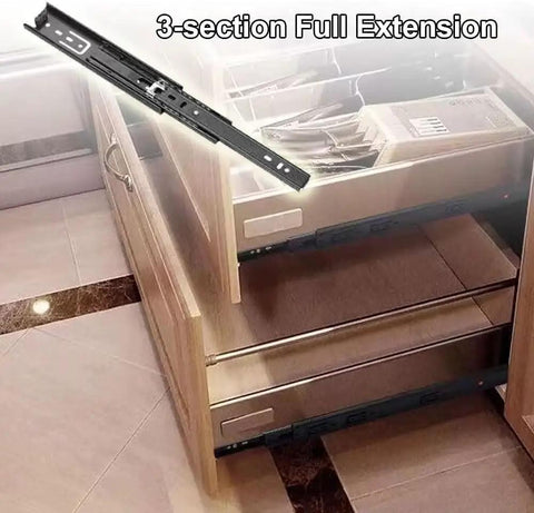 Soft Close Drawer Slides For Cabinets And Furniture, 6 To 40 Inch Length, side mount rails shown in open drawer