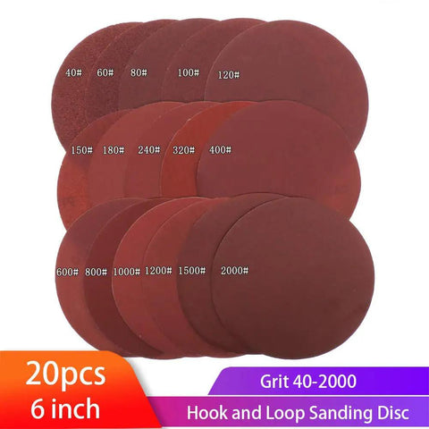20pcs 150mm Hook Loop Sanding Discs featuring various grit levels 40-2000 for perfect bead polishing and rust removal.