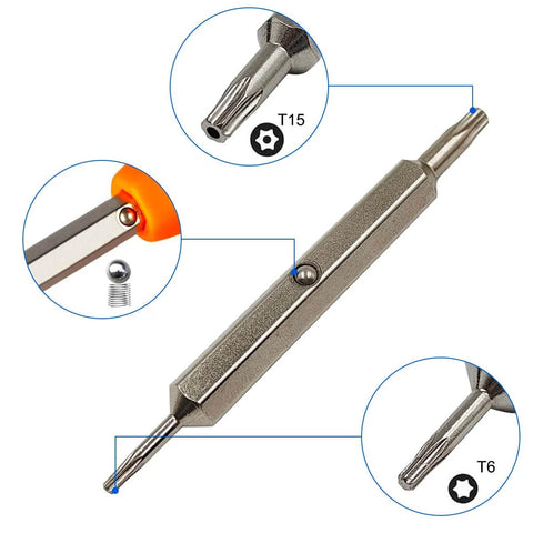 Beefed-Up Durable Doorbell Screws Kit With T6 And T15 Security Screws, Included Screwdriver And 2 Doorbell Keys, close-up view