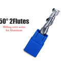 Top Shelf Two Flute Carbide Router Bit For CNC Milling And Woodworking Trimming Tool Featuring Tough Tungsten Steel Spiral End Mill For Hardwood MDF And Acrylic Builds That Run Smooth As Butter Every Shift in blue holder, 50° angle.