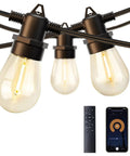 Close-up of 48 Feet LED Outdoor String Lights with App and Remote Control Dimmable Waterproof Patio Lighting with Shatterproof Bulbs ETL Listed