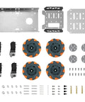 Front view of Mecanum wheel chassis car kit: aluminum frame plates, four orange mecanum wheels, TT motors and hardware.