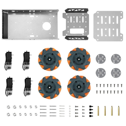 Front view of Mecanum wheel chassis car kit: aluminum frame plates, four orange mecanum wheels, TT motors and hardware.