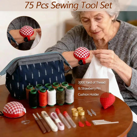Elderly woman using a 75 Piece Sewing Tool Set With Big Eye Steel Needles, 10 Rolls Jeans Thread, Strawberry Pin Cushion Holders.