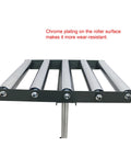 Close-up of Five Roller Adjustable Conveyor Table With 250 Lbs Capacity, Height Range 23.9 To 41.6 Inches, Chrome Plated Rollers.