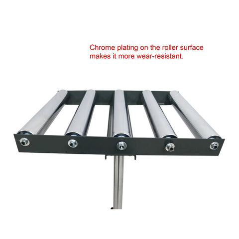 Close-up of Five Roller Adjustable Conveyor Table With 250 Lbs Capacity, Height Range 23.9 To 41.6 Inches, Chrome Plated Rollers.