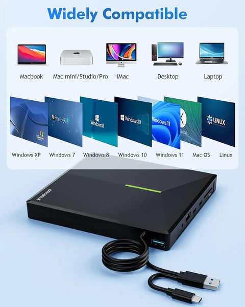 External CD DVD Drive For Laptop With USB 3.0 High Speed, 4 USB Ports And 2 SD TF Card Slots, Plug And Play, Backward Compatible With USB 2.0, Reads 8x DVD And 24x CD, black USB 3.0 external optical drive with cable