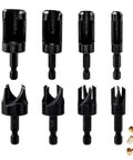 Heavy Duty Carbon Steel Wood Plug Cutter Drill Bit Set 8 Pack Hex Shank with varying sizes for precise wood cutting