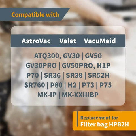 Compatibility chart for Three Pack Vacuum Bags for AstroVac and VacuMaid Replacement Dust Bags for Central Vacuum Systems