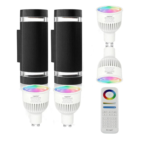 Outdoor Up And Down Wall Light With Lit RGB Color Changing LEDs 12W 1200 Lumens White 2700K To 6500K Nine Modes RGB CCT ETL Listed Exterior Lighting Pack Of 2 shown with bulbs and remote.