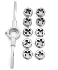 Premium 10 Piece Thread Tap And Die Set With Heat Treated 60 HRC Steel Cutters Perfect For Auto Repair And DIY Projects Includes 25mm Wrench showing M6-M12 dies