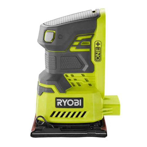 18V Palm Sander Pro Grade With 12,000 RPM 1/4 Sheet Power, side view showing ergonomic rubber grip and dust bag port