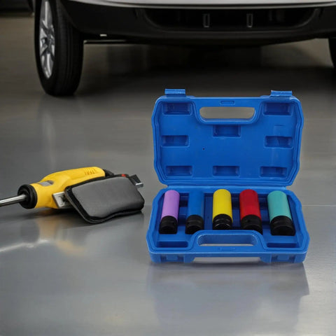 Heavy Duty Non Marring Impact Wheel Nut Socket Set With Color Coded Protective Sleeves For Fast Thin Wall Deep Lug Nut Removal Tools And Extended 5 pcs Wrench Kit Perfect For American Car And Truck Automotive Repair Jobs, blue case open