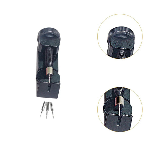 Watch Chain Link Remover and Strap Adjuster Repair Kit with spring bar tool, pin replacements, steel design, black, close-up