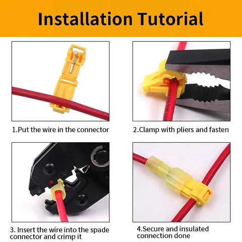 Installation steps of All In One T Tap Wire Connectors Kit 280 Pcs For 12-10 AWG Waterproof Splice Connectors With Quick Disconnects Insulated Male Terminals Plug And Play Electrical Kit with pliers and wires.