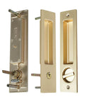 Privacy Pocket Door Lock With Key And Handle, 7 Inch Brushed Gold Invisible Rectangular Edge Pull, side and front views