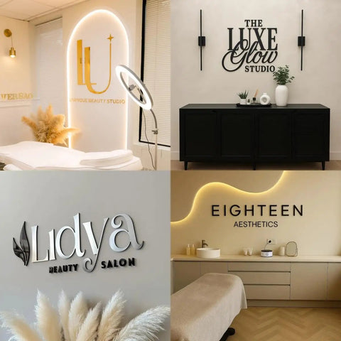 Dope Fully Customizable 3D Laser Cut Acrylic Sign For Wall Display, Personalized Logo Sign For Salon Spa Studio Office, Durable 3mm Acrylic Branding Plaque For Brand Visibility And Modern Decor showcasing various salon signs.