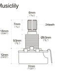 Technical drawing of Split Shaft 3/8 Inch 500K Linear Taper Potentiometers For Electric Guitars And Basses showing dimensions.