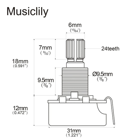 Technical drawing of Split Shaft 3/8 Inch 500K Linear Taper Potentiometers For Electric Guitars And Basses showing dimensions.