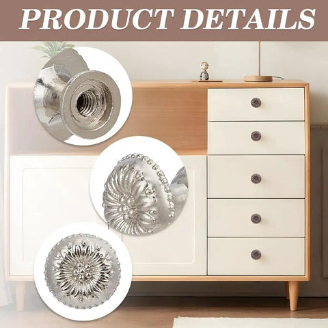 Close-up view of 16 Piece Vintage Silver Flower Embossed Drawer Knobs For Kitchens And Dressers Compact Round Metal Pulls.