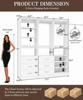 Adjustable Modular Closet Organizer System With Three Units And Five Hanging Rods Forms A Custom Walk In Storage Kit dimensions with model for scale.