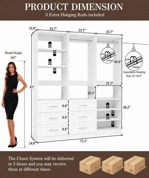 Adjustable Modular Closet Organizer System With Three Units And Five Hanging Rods Forms A Custom Walk In Storage Kit dimensions with model for scale.