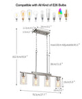 4 Light Linear Kitchen Island Pendant Light With Clear Glass Shades, Brushed Nickel Chandelier dimensions diagram with bulb compatibility.