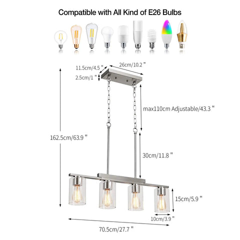 4 Light Linear Kitchen Island Pendant Light With Clear Glass Shades, Brushed Nickel Chandelier dimensions diagram with bulb compatibility.