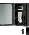Heavy Duty Outdoor EV Charger Enclosure Built Tough Cold Rolled Steel Electrical Box with key and clear window, securely mounted.