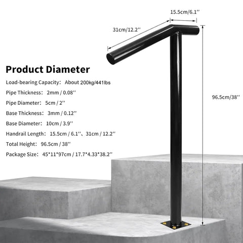 Super Solid Single Post Stair Handrail Built Heavy Duty For Outdoor Steps With Ergonomic Handles, 38 inch height, black steel.