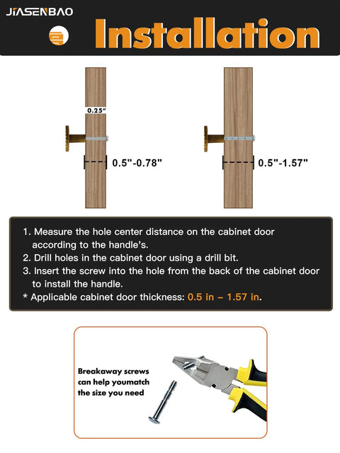 Installation instructions for Antique Brass Cabinet Knobs 10 Pack Vintage Flat Drawer Pulls with diagrams and tools shown.