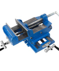 Badass Six Inch Cross Slide Drill Press Vise And Heavy Duty Bench Vice with blue cast iron, precision crank for machining tasks.